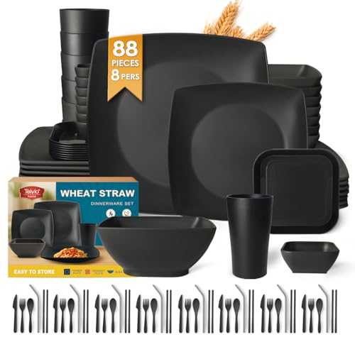 Teivio 88-piece With Flatware Plastic Kitchen Wheat Straw Square Dinnerware Set for 8, Unbreakable Dinner/Salad/Appetizer Plates, Snack Bowls, Dipping Sauce Cups,Tumblers, Dishwasher Safe Dish,Black ﻿ - color: Black