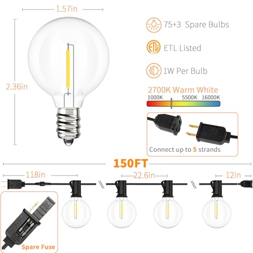 Svater Outdoor String Lights 150 FT, Patio Light with 78 Shatterproof LED Bulbs, Outside Plastic Hanging G40 Globe Lights for Cafe Market Bistro Backyard, Dimmable Warm White 2700K - size: 150ft