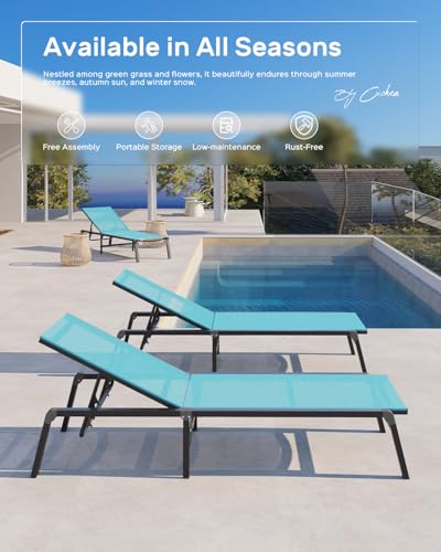Patio Chaise Lounge Chair Set of 4, Foldable Lounge Chair for Outside, Aluminum Chairs with 5 Adjustable Backrest, Outdoor Pool Lounger for Poolside, Lawn, Patio, Lake Blue - color: Lake Blue, size: 4 Packs