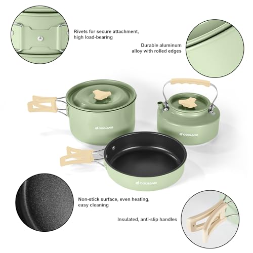 Odoland 15pcs Camping Cookware Mess Kit, Non-Stick Lightweight Pot Pan Kettle Set with Stainless Steel Cups Plates Forks Knives Spoons for Camping, Backpacking, Outdoor Cooking and Picnic - style: Green