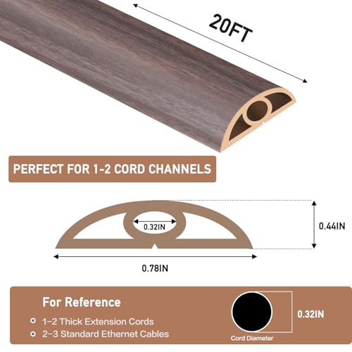 Floor Cord Cover Self Adhesive Cord Hider Floor Extension Cord Covers for Floor Power Cord Protector Cable Management Prevent Cable Trips Cable Cavity 0.32" W x 0.32" H (Brown Walnut Wood, 20Ft) - color: Brown Walnut Wood, size: 0.79" x 20'