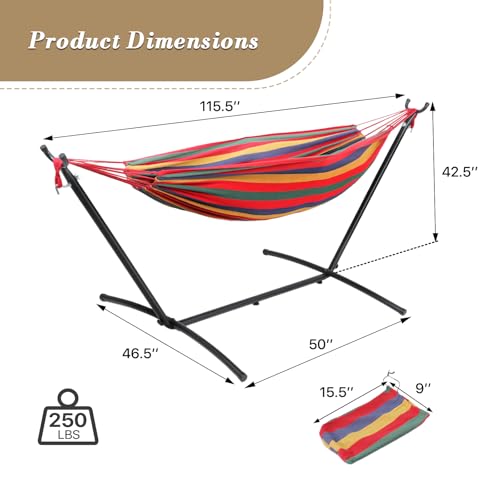 Athena Collection Double Hammock with Stand for Outside, Heavy-Duty Steel Stand 250 Lbs Weight Capacity, Portable Outdoor Hammock Swing with Carry Bag for Indoor, Outdoor, Backyard, Red Yellow - color: Red Yellow