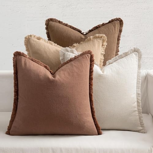 MIULEE Decorative Couch Pillow Covers Neutral Linen Fringe Throw Pillows Set of 4 Accent Rustic Cushions Boho Farmhouse Pillowcases for Bed Sofa Living Room Spring Home Decor 24x24 Inch Beige/Brown - color: Brown, size: 24" x 24" (Pack of 2)