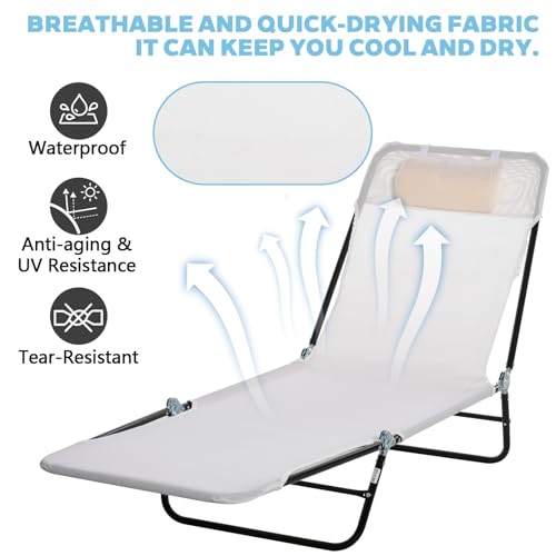 Majnesvon Outdoor Tanning Chair with Pillow, Folding Chaise Lounge Chair with Adjustable Backrest, Portable Lay Flat Beach Lounge Chairs for Sunbathing Poolside Patio Lawn Camping(Cream White) - color: Cream White