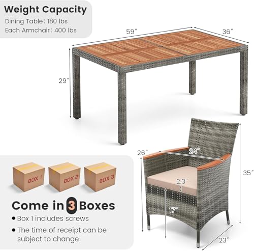 HAPPYGRILL 7 Piece Patio Rattan Dining Set Outdoor Wicker Chair & Table Set, Acacia Wood Tabletop & Armrests, Seat Cushions Included, Space-Saving Dining Set for Poolside Backyard Garden - color: Mix Grey & Beige