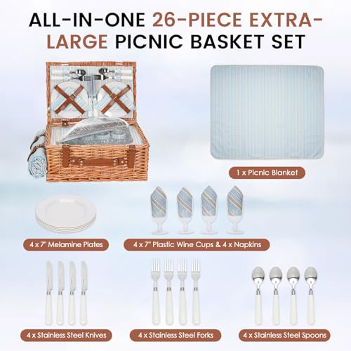 HappyPicnic Wicker Picnic Basket Set for 4 Persons | Large Willow Hamper with Large Insulated Cooler Compartment, Waterproof Blanket and Cutlery Service Kit-Classical Brown - color: Dark Honey Color for 4 Persons