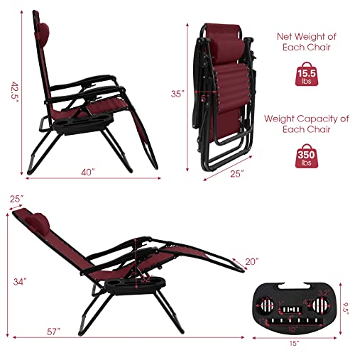 Goplus Zero Gravity Lounge Chairs, 160°Adjustable Folding Recliner w/Pillow and Cup Holder, 350LBS Comfy Outdoor Lounge Chairs for Patio, Lawn, Yard & Camp(1, Wine) - color: Wine, size: 35.4" x 25.2" x 43.3" (Set of 1)