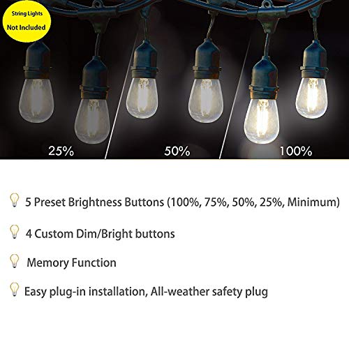 SUNYE Max Power 200W Waterproof Outdoor String Lights Wireless Remote Control, 150Feet Range, Memory, Stepless Dimming, IP68 Waterproof. UL 3 Prong Remote Control Dimmer