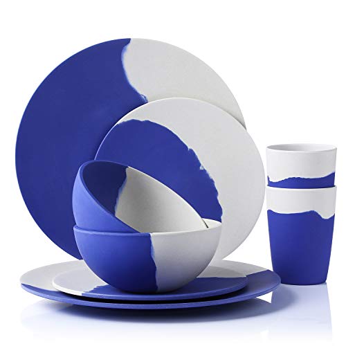 MORGIANA Bamboo Dinnerware Set, 8-Pieces Reusable Tableware Set, Eco-Friendly Plates, Cups, Bowls for Camping Picnic Outdoor Party (blue & white) - color: Blue & White