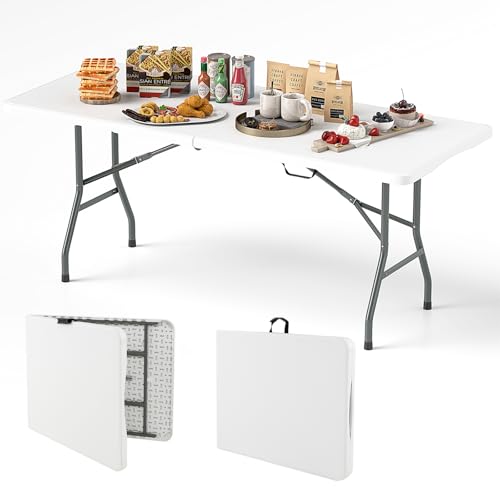 Goplus 6ft Plastic Folding Table, 350 LBS Outdoor Heavy Duty Folding Tables with HDPE Tabletop, Handle, Lock, Foldable Rectangle Portable Utility Card Table for Picnic, Party, Camping, Dining - color: White, size: 6 FT