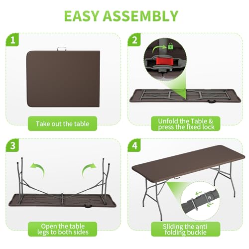 BestOffice 6 FT Picnic Table, Portable Plastic Folding Table with Carrying Handle Perfect for Picnics, Parties, Party and Camping, Brown - color: Brown, size: 6 FT 70"x28"
