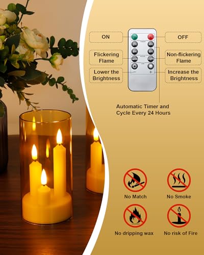 Enido Gold 2 Pc 3-in-1 Taper Flameless LED Candles with Remote, Battery Operated Acrylic Pillar Set, 3" x 6" Flickering Electric Lights for Cozy Home & Holiday Romantic Decor - color: Amber