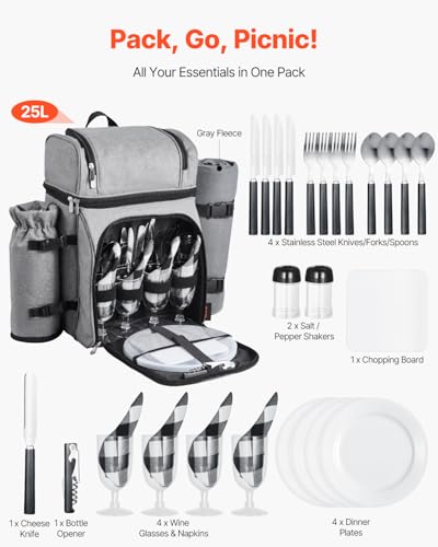 VEVOR Picnic Backpack, Beach Picnic Backpack Bag for 4 Person with Insulated Cooler Compartment, Detachable Bottle/Wine Holder, Lightweight Blanket, Plates and Cutlery Set for Hiking & Camping, Grey - size: double layer for 4 & gray