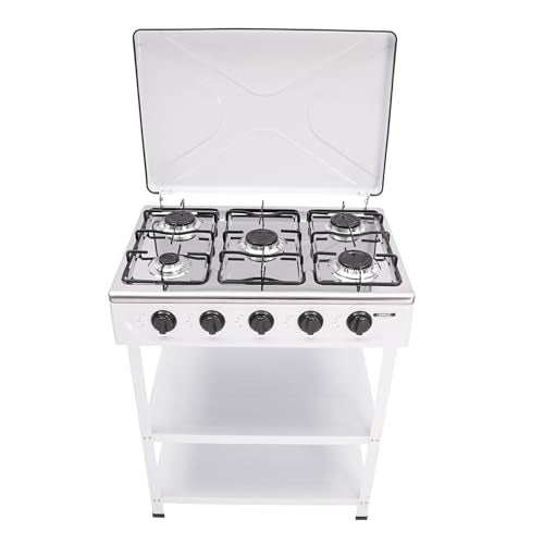 5 Burner Gas Stove with Wind Shield Portable 2.5KW Natural Gas Stove with 2 Storage Shelves for RV Apartment Outdoor Cooking - style: 5 Burner-White