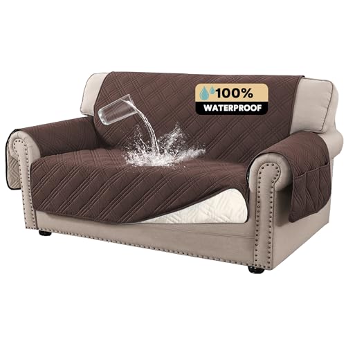 PrinceDeco 100% Waterproof Loveseat Covers for 2 Cushion Couch Sofa Covers Waterproof and Washable Sofa Slipcover with Side Pocket Furniture Protector with Elastic Straps(Loveseat 48", Brown) - color: Brown, size: Loveseat