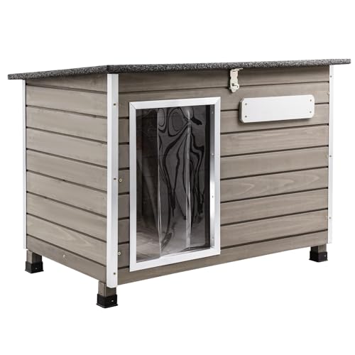 Gowoodhut Dog House Outdoor & Indoor Wooden Dog Kennel for Medium to Large Dogs,34" L Natural Fir Wood Dog Houses with Weatherproof Roof,Removable Floors,Raised Feet - size: 34" L x 22" W x 25" H