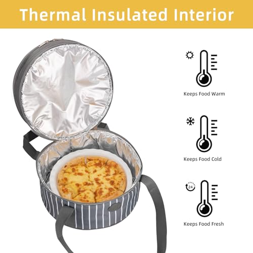 Fun Elements Insulated Casserole Carrier for Hot or Cold Food, 12.5 Inch Pie Carrier with Lid and Handle, Round Food Container for Transport, Grey - style: Classic