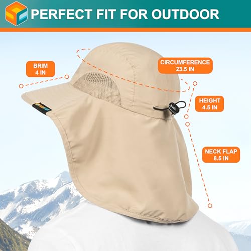 SUN CUBE Wide Brim Sun Hat with Neck Flap, UPF50+ Hiking Safari Fishing Hat for Men Women, Sun Protection Beach Hat - color: Tan