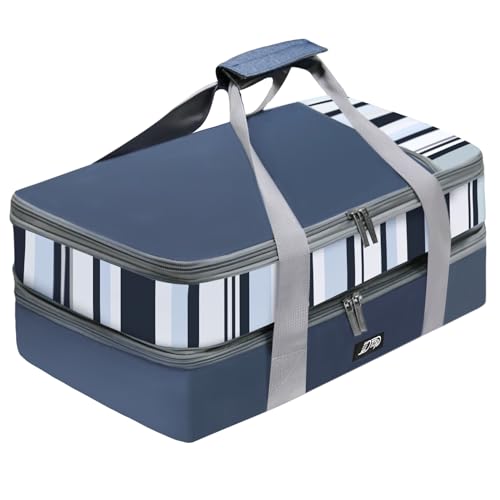 Double Decker Insulated Casserole Carrier, Expandable Thermal Food Warmer Bag Fits 9x13 Dish, Leak-Proof Potluck Lasagna Holder with Utensil Pocket for Picnic Party Cookout (Blue) - color: Blue