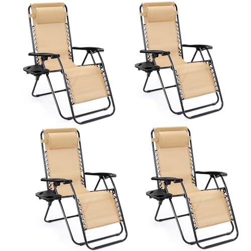 Sweetcrispy Zero Gravity Chairs, Set of 4 Portable Recliner Beach Camping Patio Outdoor Folding Lounge Chair with Cup Holder Trays and Adjustable Pillow for Poolside, Garden, Backyard, Lawn (Khaki) - color: Khaki-4p