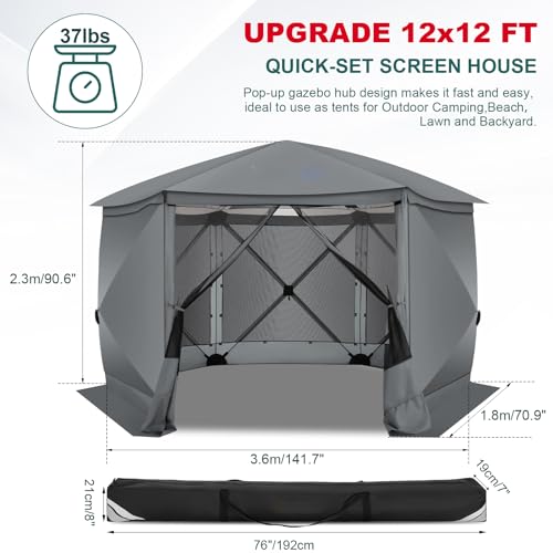 COBIZI 12x12 FT Pop Up Canopy Stargazing Tent, Gazebos On Clearance with Removable Roof, Screened in Gazebo, Screen Tents Portable carpas para Patio for Outdoor Camping,Backyard, Garden,Grey(Pro) - color: Gray, size: 12x12ft Stargazing Gazebo with 5 sidew