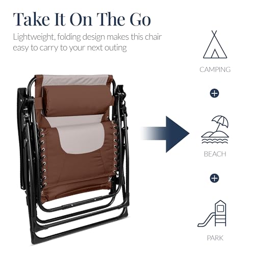 Best Choice Products Oversized Padded Zero Gravity Chair, Folding Outdoor Patio Recliner, XL Anti Gravity Lounger for Backyard w/Headrest, Cup Holder, Side Tray, Polyester Mesh - Brown/Oyster - color: Brown/Oyster