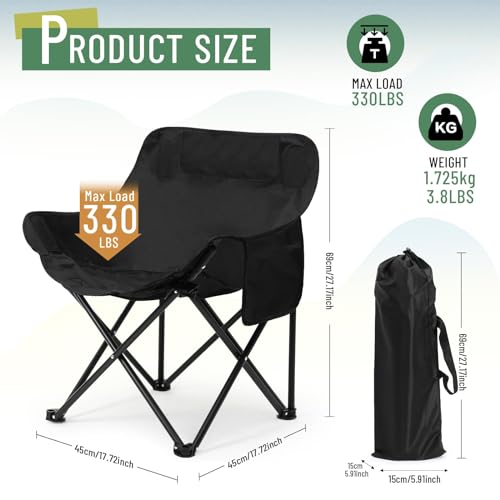 2 Pack Compact Camping Chairs Portable Folding for Outside with Carry Bag Lightweight Moon Chairs for Travel Picnic Hiking Beach Fishing, 600D Oxford, Supports 330lbs(Red, Black) - color: Red, Black