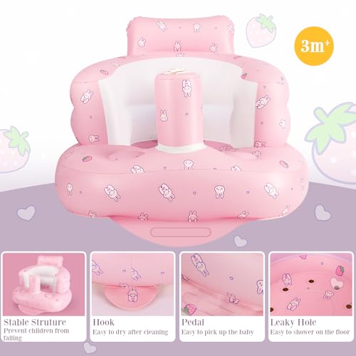 Inflatable Baby Chair, Inflatable Baby Seat for Babies 3 Months and Up, Summer Blow Up Chair with Built in Air Pump, Infant Floor Seats for Learning to Sit, Palying, Camping, Strawberry - color: Strawberry
