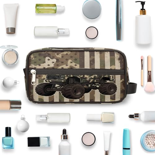 Travel Toiletry Bag for Boys Kids - Monster Truck Camo Flag Waterproof Hanging Cosmetic Hygiene Bags Lightweight Large Shave Kit for Toiletries Accessories Bathroom Stuff, Gifts for Men - color: Camouflage Monster Truck American Flag