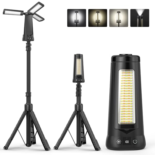 Rechargeable Camping Light with Stand 7 ft Max Height, 15000mAh Portable Cordless LED Work Light, 5500 Lumen 6500/4500/3500K Dimmable Emergency Flashlight with Detachable Tripod, Black - color: Black