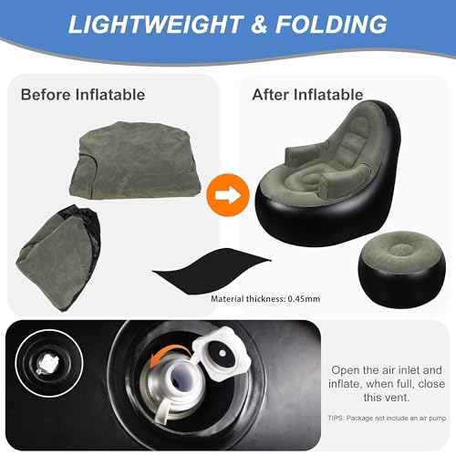 Thickened Inflatable Couch with Armrest＆Ottoman, Blow Up Lounger Chair,Folding Air Chair for Adults,Inflatable Lazy Sofa Perfect for Rooms, Camping or Home(Without Pump,Black) - color: Black