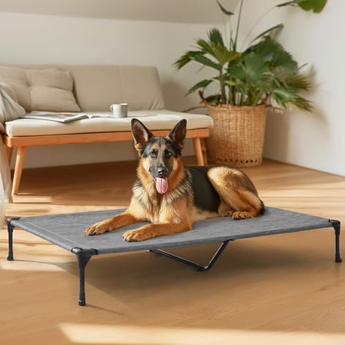 Veehoo Outdoor Elevated Dog Bed Large Sized Dogs, XL Cooling Raised Dog Cots Beds Training Platform Off Ground Hammock with Breathable Mesh, No-Slip Feet, 49"x33", Black Silver - color: Black Silver, size: 49.0"L x 33.0"W x 9.0"Th