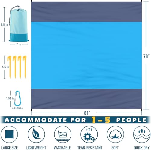 Beach Blanket 78''×81'' Suits 1-5 Adults Waterproof Sandproof Lightweight Oversized Large Picnic Mat Blanket for Beach Travel Camping Picnic Hiking - color: Blue Gray, size: 78''x81''