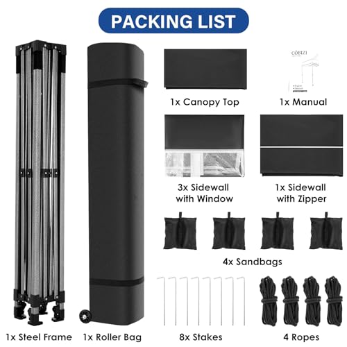 COBIZI 10x10 Heavy Duty Pop Up Canopy Tent with 4 Sidewalls Thicken Frame, Commercial Easy Up Outdoor Wedding Party Tents, All Season Waterproof Windproof with Stakes Sandbags Ropes Roller Bag, Black - color: Black, size: 10x10