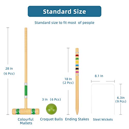 Six Player Croquet Set with Premium Wooden Mallets 28 in, Colored Ball, Wickets, Stakes, Perfect Outdoor Game, Yard Game, Party BBQ Game for Adults & Families (Includes Sturdy Carrying Bag) - color: Natural Wood