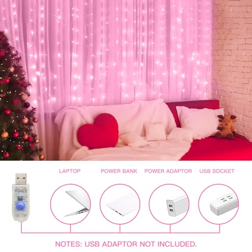 suddus Curtain Lights for Bedroom, 200 Led 6.5ft x 6.5ft Hanging String Lights Outdoor, Fairy Curtain Lights for Backdrop, Window, Wall, Wedding, Party, Garden, Porch, Birthday Decorations Pink - color: Pink, size: USB-200 LED