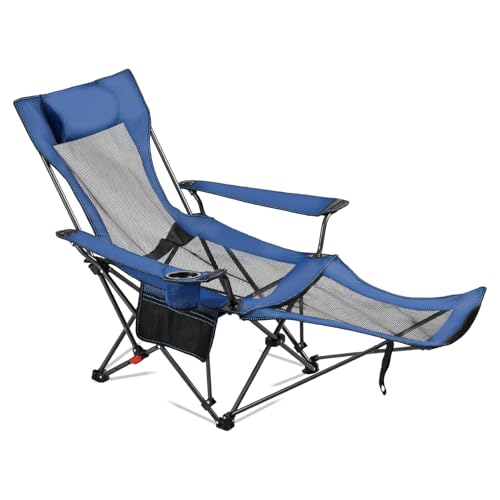 VEVOR 2-in-1 Reclining Camping Chair with Footrest for Adults, 4 Adjustable Positions, Portable Folding Lounger, Lightweight Mesh Beach Chair Supports 220lbs, Heavy Duty Camp Chairs Outdoor, Blue - color: Blue
