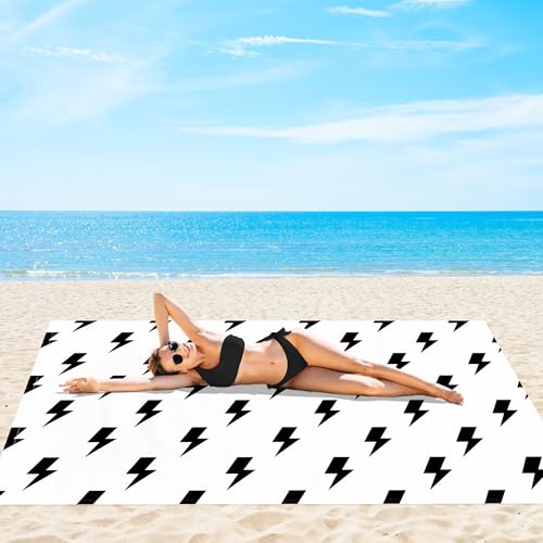 Beach Blanket Waterproof Sandproof, Beach Blanket with 4 Stakes & 4 Pockets, 78''×86'' Lightweight Outdoor Picnic Blanket for Travel, Camping, Hiking - color: Black Lightning, size: 6.5x7.2 FT (1～4 person)