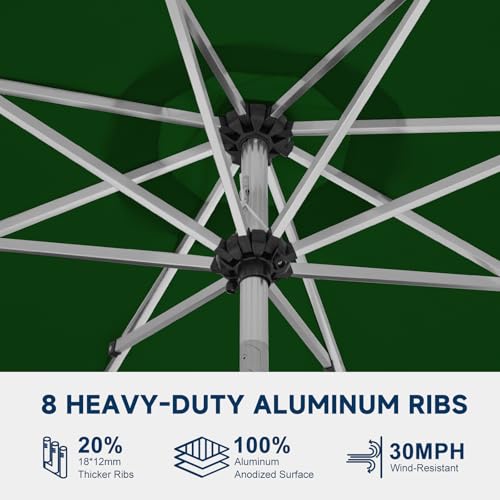 9FT Aluminum Patio Umbrella with 40-LED Solar Lighted, Fade-Resistant Outdoor Market Table Umbrella with Push Button Tilt Function, 8 Sturdy All-Aluminum Ribs for Gardens, Decks, Backyards & Pools - color: Green, size: 9FT 40LED-1Tier (Aluminum Umbrella)