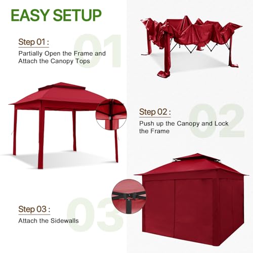 COOS BAY 11x11 Pop Up Gazebo with 4 Sidewalls, Instant Outdoor Canopy Tent with UPF 50+ UV Protection, Water Resistant Shelter with Carry Bag, Stakes & Ropes, Red - color: Red