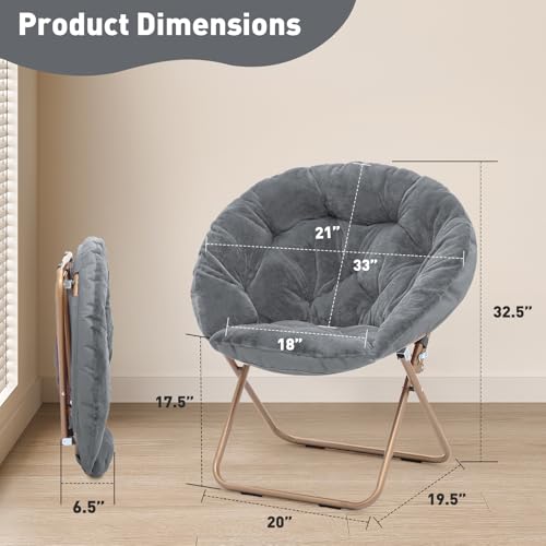 MoNiBloom Round Folding Faux Fur Saucer Chair for Bedroom Living Room Dorm Foldable Metal Frame Oversized Large Comfy Furry Padded Soft Lounge Lazy Cozy Moon Chair for Adults (Gray, 2 Pieces) - color: Grey