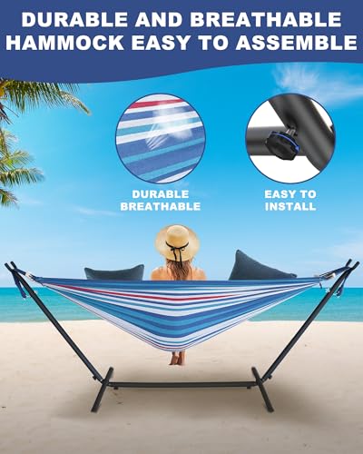 EveryFun Double Hammock with Heavy-Duty Steel Stand,Portable,Easy Assembly,600lbs Weight Capacity,Suit for Indoor,Yard,Camping,or Outdoor-Fine Blue - color: Dc-fineblue