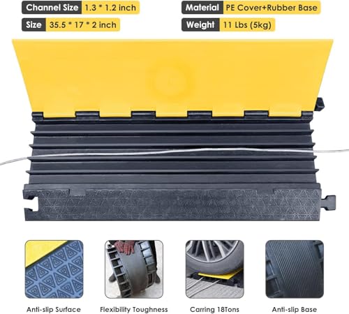 OrangeStar 2-Pack Rubber Cable Protector Ramp Heavy Duty 5-Channel Wire Cord Cover Ramps 18 Tons Load Capacity Traffic Speed Bumps for Driveway - color: 5-Channel (2-Pack)