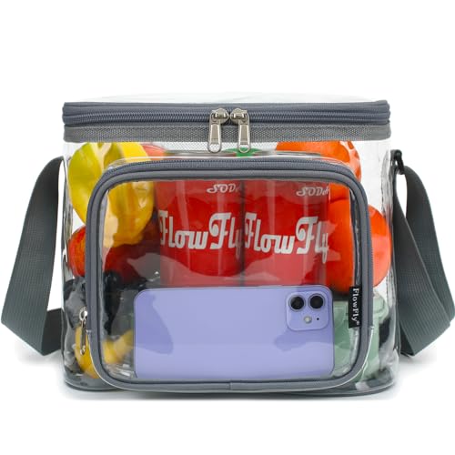 FlowFly Insulated Reusable Lunch Bag Adult Large Lunch Box for Women and Men with Adjustable Shoulder Strap,Front Zipper Pocket and Dual Large Mesh Side Pockets,Clear#Grey - color: Clear#Grey