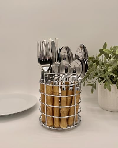 The Original Brink House Beyond Bamboo Stainless Steel Cutlery Set with Naturalistic Bamboo Handles / 16 pieces with Metal Stand, Lifestyle utensils set for home, first apartment, dorm, outdoor events - color: Beyond Bamboo, size: Service for 4 (16 pcs)