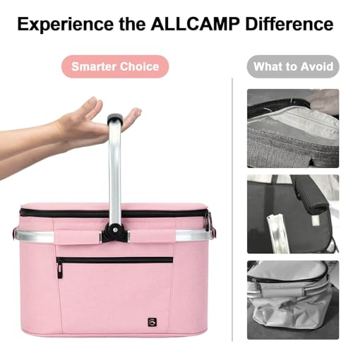 ALLCAMP Picnic Basket - Insulated Cooler, Thickening Foldable Picnic Basket with Removable Baskets & Sewn-in Frame, Basket for House Warming Gifts New Home(Pink) - color: Pink, size: Medium