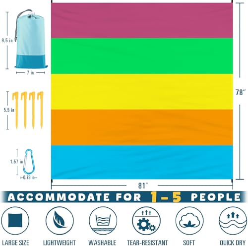 Beach Blanket Waterproof Sandproof 78''×81'' Large Suits 1-5 Adults Oversized Lightweight Picnic Mat Sand-Free Blanket for Camping Hiking Beach Travel - color: Rainbow, size: 78''x81''