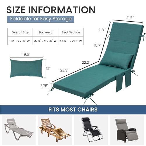 Crestlive Products Foldable Outdoor Chaise Lounge Cushions with Head Pillow and Side Pockets, Water Resistant & Fade Resistant Lounge Chair Cushion, 72''L x 21''W, Set of 2, Malachite - color: Malachite, size: 72"l X 21"w