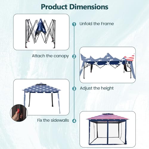 Goplus11 ft × 11 ft Pop up Gazebo, Portable Screen Canopy Shelter w/Mesh Netting Sidewalls, Vented Top, Drainage Holes, Heavy-Duty Height Adjustable Easy Setup Party Tent for Backyard - color: American Flag