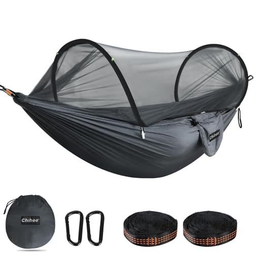 Chihee Ultra-Light Travel Camping Hammock Pop-up Net Hammock 660lbs Load Capacity,Breathable,Quick-Drying Parachute Nylon 2 Premium Carabiners,2 Tree Slings Included for Outdoor Backpacking Hiking - color: Dark Grey